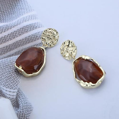 Vintage Irregular Acrylic Dangle Earrings Enamel Brown Drop Earrings Gold Hammered Disc Stud Earrings Acrylic Brown Geometric Earrings Jewelry for Women