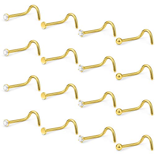 Hoeudjo Nose Studs Surgical Steel Cubic Zirconia Nose Rings Kit for Women Men Screw & Bone & L Shaped Nostril Rings Piercing Jewelry 20 Gauge 16 Pieces