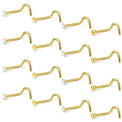 Hoeudjo Nose Studs Surgical Steel Cubic Zirconia Nose Rings Kit for Women Men Tiny Nose Stud Screw & Bone & L Shaped Nostril Rings Piercing Jewelry 22 Gauge 16 Pieces - color: screw nose ring, gold-tone