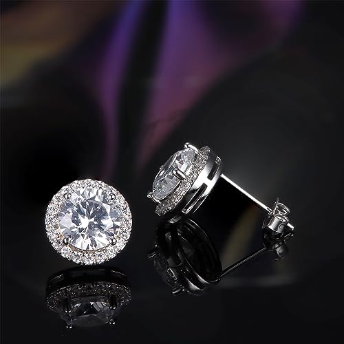 MILACOLATO Cubic Zirconia Stud Earrings 18K White Gold Plated Sterling Silver Post Birthstone Earrings 10MM Round Simulated Diamond Halo Studs Dance Competition Earrings for Women Hypoallergenic, Clear CZ
