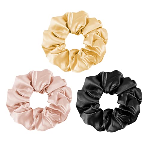 OLESILK 100% Mulberry Silk-Scrunchies for Hair Sleep, Women Grils Silk Hair Ties for Frizz & Breakage Curly Hair, No Damage, Elastics Ponytail Holder, 3 Pack - color: 3pcs, Black-Champagne Gold-Co Co