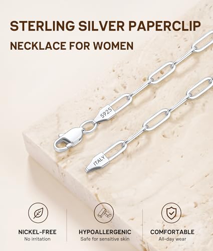 3MM Paperclip Necklace 925 Sterling Silver Paperclip Chain Necklace for Women, Sturdy & Durable Women's Chains Necklace, 16 18 20 22 24 26 Inch - color: Sterling Silver