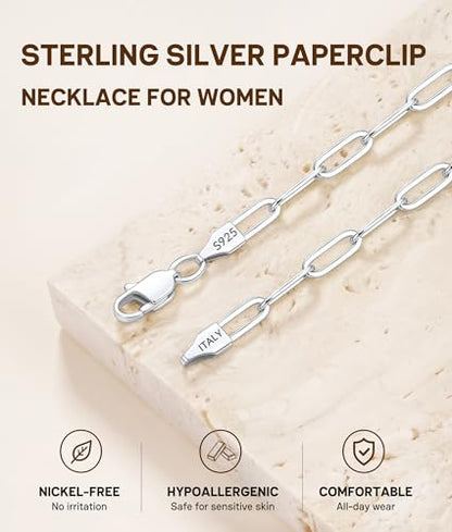 3MM Paperclip Necklace 925 Sterling Silver Paperclip Chain Necklace for Women, Sturdy & Durable Women's Chains Necklace, 16 18 20 22 24 26 Inch - color: Sterling Silver