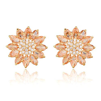 Crystal Flower Burst Stud Earirings - Big Sterling Silver CZ Cubic Zirconia Rhinestone Daisy Sunflower Floral Cluster Studs Bridal Wedding Party Prom Costume Jewelry for Bride Bridesmaids Women Birthstone Birthday Gift - color: Champagne