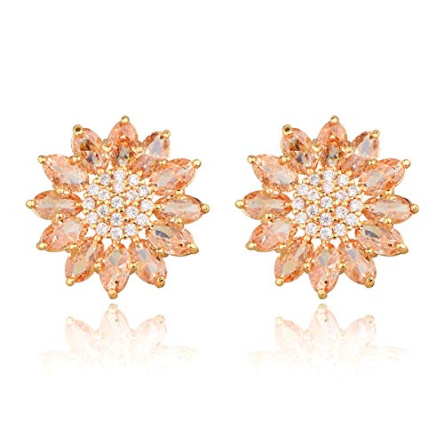 Crystal Flower Burst Stud Earirings - Big Sterling Silver CZ Cubic Zirconia Rhinestone Daisy Sunflower Floral Cluster Studs Bridal Wedding Party Prom Costume Jewelry for Bride Bridesmaids Women Birthstone Birthday Gift - color: Champagne