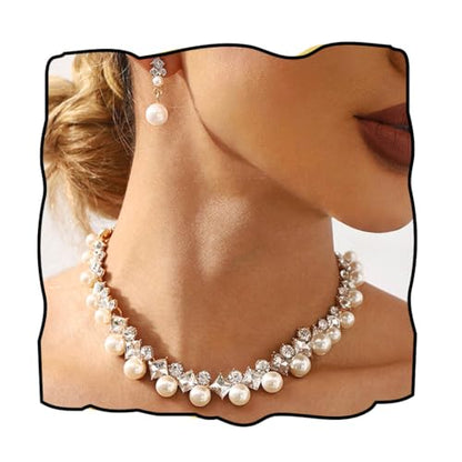 Gangel Rhinestone Necklace Earring Set Faux Pearl Necklace and Dangle Earrings Wedding Bridal Jewelry Crystal Necklaces for Women