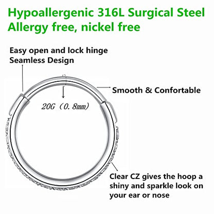 Clear CZ Nose Rings & Earrings - 316L Surgical Steel - Cartilage, Conch, Daith, Helix, Rook, Tragus, Lobe & Snug Body Piercing Jewelry - 20G, 18G - color: Silver, size: 1pc 20 Gauge 10mm