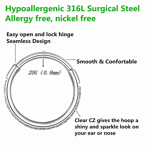 Clear CZ Nose Rings & Earrings - 316L Surgical Steel - Cartilage, Conch, Daith, Helix, Rook, Tragus, Lobe & Snug Body Piercing Jewelry - 20G, 18G - color: Silver, size: 1pc 20 Gauge 12mm