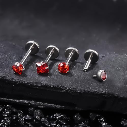 Titanium Flat Back Lip Rings Internally Threaded Earrings Studs Nose Rings 20G 18G 16G Round Heart Square CZ Tragus Cartilage Lobe Rook Helix Conch Labret Medusa Piercing Jewelry for Women Men - color: Red CZ, size: 20G-6/8/10mm