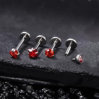 Titanium Flat Back Lip Rings Internally Threaded Earrings Studs Nose Rings 20G 18G 16G Round Heart Square CZ Tragus Cartilage Lobe Rook Helix Conch Labret Medusa Piercing Jewelry for Women Men - color: Red CZ, size: 16G-6/8/10mm