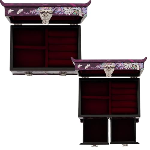 February Mountain Mother of Pearl Jewelry Box – Elegant Korean Jewelry Organizer with Velvet Lining, Unique Christmas Gift for Women, Mom, and Grandma, Decorative Keepsake Box for Rings and Treasures - style: Crane and Pine Tree - Purple