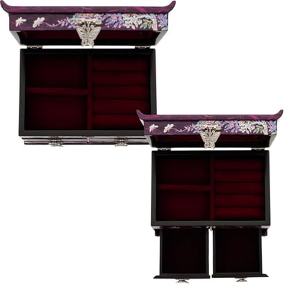 February Mountain Mother of Pearl Jewelry Box – Elegant Korean Jewelry Organizer with Velvet Lining, Unique Christmas Gift for Women, Mom, and Grandma, Decorative Keepsake Box for Rings and Treasures - style: Crane and Pine Tree - Purple