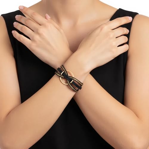 Edoneery Leather Wrap Bracelets for Women, Boho Layered Cuff Bangle | Multi-layer Leather Cuff, Daily wear, Stackable Bangle, Easy on-off, Western Jewelry Gifts for Women - color: Black-6