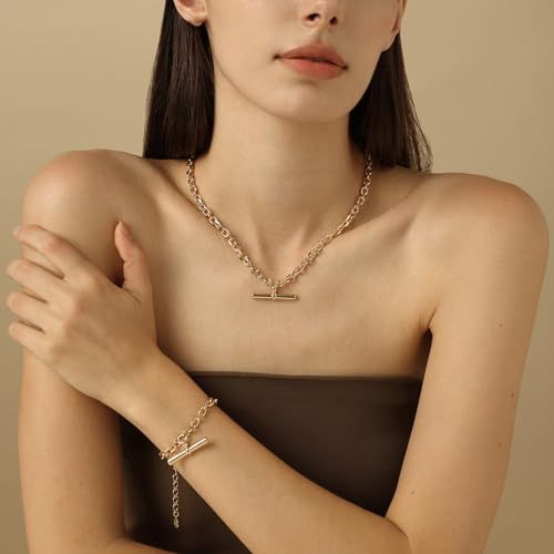 COBI T Bar Necklace for Women, Circle Pendant Necklaces,Gold Tone Finished Four Leaf Clover | Link Chain Necklace with T-Bar Charm, Adjustable 17"/18"+2" Jewelry Gift - color: Gold, style: T-Bar