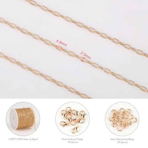 KYUNHOO 32.8FT/10M KC Gold Plated Iron Jewelry Making Chains Small Paperclip Chain Spool on Roll for Craft Making with Lobster Clasps and Jump Rings - color: Thin Paperclip Gold
