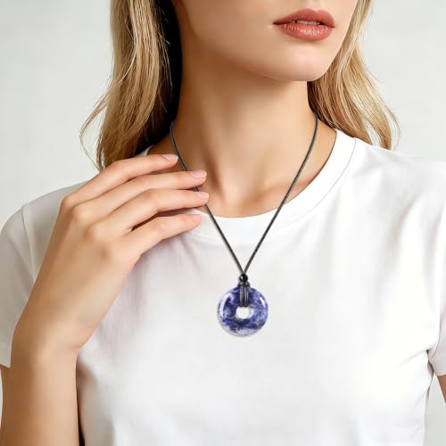 FANASY Natural Gemstone Pendant Necklce Lucky Coin Crystal Necklace Protection Donut Pendnat with Adjustable Rope for Men Women - color: Blue Jasper