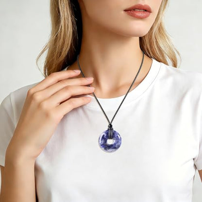 FANASY Natural Gemstone Pendant Necklce Lucky Coin Crystal Necklace Protection Donut Pendnat with Adjustable Rope for Men Women - color: Blue Jasper