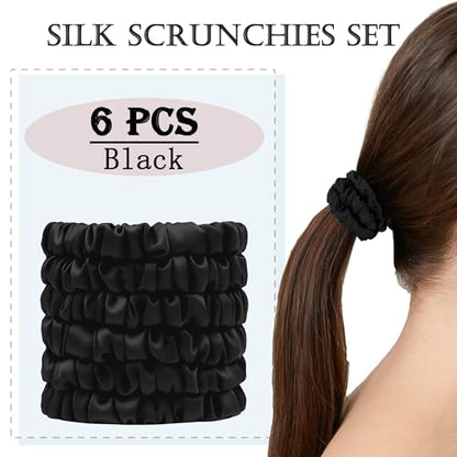 22 Momme 100% Silk Hair Ties, 6PCS No Damage Scrunchies for Women | 100% Pure Mulberry Silk Hair Ties, No Crease No Damage, Soft Gentle for Hair Care, Suitable for Sleeping, Black - color: Black*6