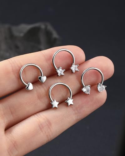 4Pcs Septum Rings 16g Septum Jewelry Star Heart Nose Rings Hoops 316L Surgical Steel Daith Helix Tragus Piercing Jewelry for Women