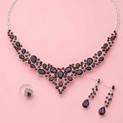 Paxuan Crystal Bridal Wedding Jewelry Sets for Women Rhinestone Teardrop Crystal Statement Choker Necklace Drop Earrings Link Bracelets Rings Teardrop Jewelry Set for Brides Bridesmaids - color: Silver Plated Purple Crystal