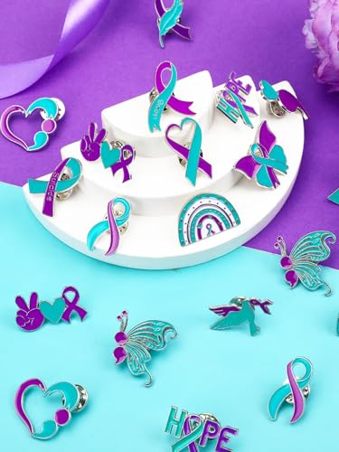 JUNEBRUSHS 28pcs Suicide Prevention Awareness Pins Purple Teal Ribbon Lapel Pins for Suicide Prevention Awareness Teens Adults Children Party Event Favors Decor Accessories - style: Suicide Prevention Awareness Style