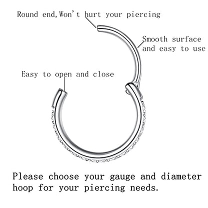 316L Surgical Steel Seamless Nose Ring Cartilage Hoop Silver/Gold/Rose Gold/Black 16G 18G 20G 6mm-12mm CZ Paved Helix Rook Tragus Lobe Body Pierecing Jewelry Segment Clicker Lip Rings Rook Earrings - color: Silver, size: 20 Gauge 8mm