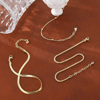 MFRYK Gold Ankle Bracelets for women,14k Gold/Silver Plated Waterproof Layered lightweight Cuban Link Figaro Chain Heart anklet butterfly anklet Pearl Ankle Bracelets Set Gold Anklets for women Trendy Jewelry Gift for Women - style: 3 anklets twisted sate