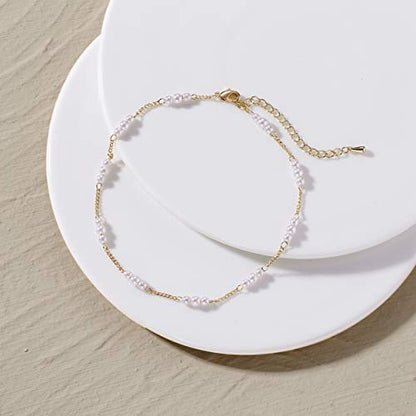 Dainty Simple Chain Anklet for Women 18k Gold/Silver Plated Summer Beach Beaded Evil Eye Moon Figaro Butterfly Satellite Cuban Pearl Flat Marina Anklet Gift - color: Pearl