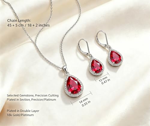 VONSSY Classic Oval Pendant Gemstone Necklace | Crystal Ruby Sapphire Waterdrop Birthstone Teardrop Emerald Necklace | 18K Platinum Gold Plated Chain | Jewelry Gift for Mother Wife Girlfriend - color: NL & ER - Red