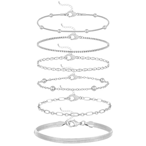 Wgoud Waterproof Gold Bracelets for Women Trendy, Dainty 14K Real Gold Plated Fashion Stackable Bracelet Sets for Women Thin Cuban Link Paperclip Chain Bracelets Layered Gold Jewelry Sets Gifts for Womens - color: 6Pcs Silver Bracelet A