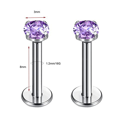 BelezaDosas G23 Titanium Labret Studs Threadless 16G Lip Rook Lobe Tragus Helix Cartilage Push Back Earring Piercing Jewelry - style: 1 pair Amethyst
