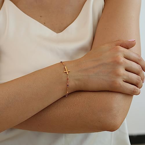 18K Gold Plated Pearl Beaded Cross Bracelets for Women Adjustable Stainless Steel Dainty Thin Gold Box Cuban Twisted Link Chain Bracelet Bridesmaid Jewelry Gifts - color: Colorful Cross-Gold