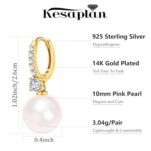 Pearl Earrings for Women 14K Gold Plated Hypoallergenic Pearl Earrings 5A Cubic Zirconia Dangle Earrings Elegant Jewelry - color: 2-Gold-Pink