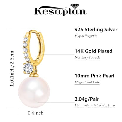 Pearl Earrings for Women 14K Gold Plated Hypoallergenic Pearl Earrings 5A Cubic Zirconia Dangle Earrings Elegant Jewelry - color: 2-Gold-Pink
