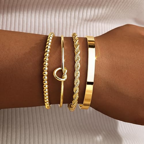 925 Sterling Silver Bracelets for Women Stack, Trendy Tennis Bangle Cuff Jewelry Set 14K Gold Plated, Adjustable Bracelet Set for Wrist Essentials, Women Fashion Watch Band Acecessories - style: Braccelet_4pcs_03