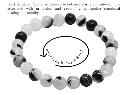 Amazing Gemstone Black Rutilated Quartz Crystal Bracelet for Women Men's Gifts - Protection Healing Crystal Bracelet - 8mm Gemstone Beaded Stretchable Bracelet Pulseras Para Hombres Mujer Stocking Stuffers Mothers Day Gift - color: Black Rutilated Quartz
