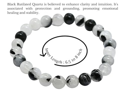 Amazing Gemstone Black Rutilated Quartz Crystal Bracelet for Women Men's Gifts - Protection Healing Crystal Bracelet - 8mm Gemstone Beaded Stretchable Bracelet Pulseras Para Hombres Mujer Stocking Stuffers Mothers Day Gift - color: Black Rutilated Quartz