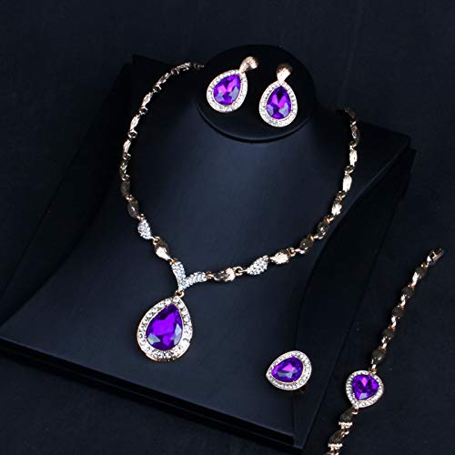 Womens Luxury Africa Dubai 18k Gold Plated Jewelry Sets Wedding Rhinestone Crystal Bib Statement Necklace Earrings Set for Brides Party Prom - color: Purple