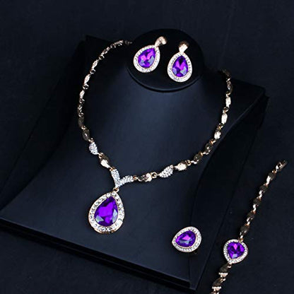 Womens Luxury Africa Dubai 18k Gold Plated Jewelry Sets Wedding Rhinestone Crystal Bib Statement Necklace Earrings Set for Brides Party Prom - color: Purple