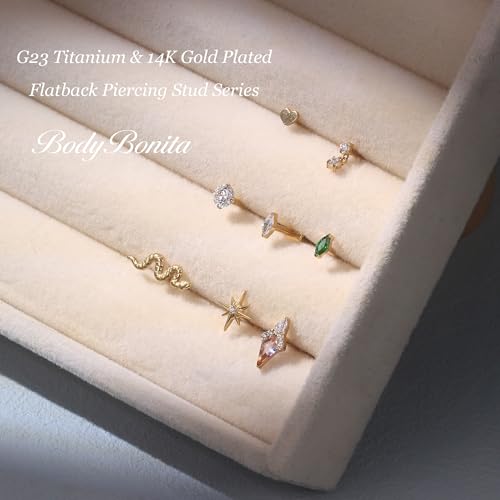 G23 Titanium 16G Tragus Conch Piercing Jewelry Flat Back Stud Earrings | Hypoallergenic CZ Nose Dangle Helix Medusa Lip Labret Body Piercing Jewelry, 14K Gold Plated, Silver, 6 and 8 mm Post Length - color: Majesty-14K Gold