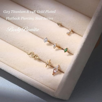 G23 Titanium 16G Tragus Conch Piercing Jewelry Flat Back Stud Earrings | Hypoallergenic CZ Nose Dangle Helix Medusa Lip Labret Body Piercing Jewelry, 14K Gold Plated, Silver, 6 and 8 mm Post Length - color: Majesty-14K Gold