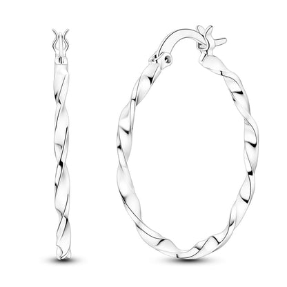 Parmuz 925 Sterling Silver Earrings Hoops for Women Ladies Simple Lightweight Twisted Medium Hoop Earrings With Cubic Zirconia Hypoallergenic Jewelry for Her - color: grey