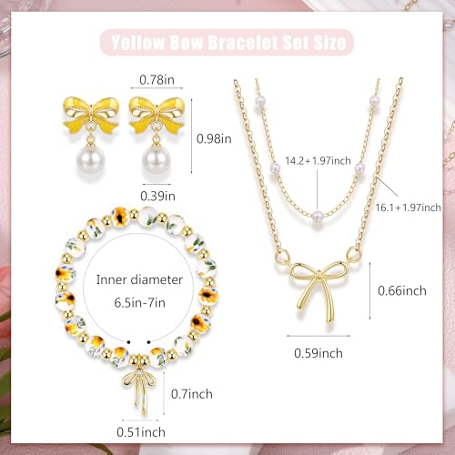 Bow Bracelet Necklace Earring Set for Women 14K Gold Plated Dainty Bow Necklace Flower Trendy Beaded Charm Bracelet Cute Pearl Drop Dangle Earrings Love Romantic Jewelry Gifts - color: yellow