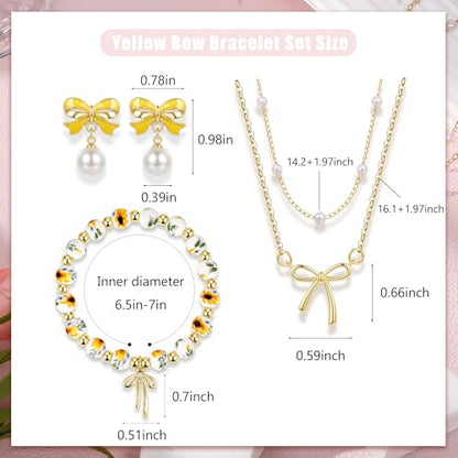 Bow Bracelet Necklace Earring Set for Women 14K Gold Plated Dainty Bow Necklace Flower Trendy Beaded Charm Bracelet Cute Pearl Drop Dangle Earrings Love Romantic Jewelry Gifts - color: yellow