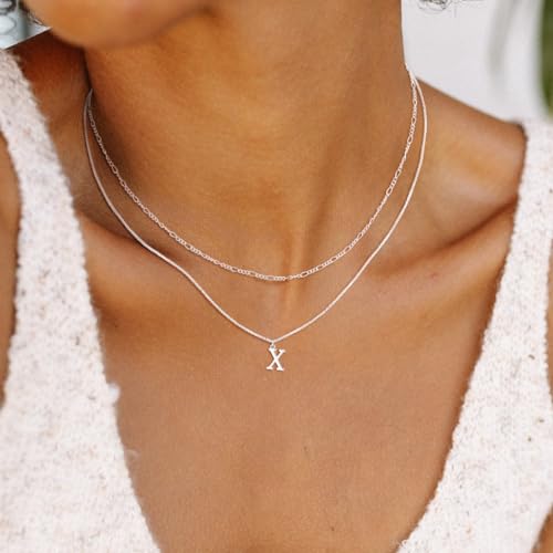 MBW Dainty Silver Layered Initial A-Z Pendant Necklaces for Women Thin | Simple Waterproof 925 Silver Plated Necklace Figaro Choker Monogram Name Jewelry Set Personalized - color: Silver InitIal NK-X