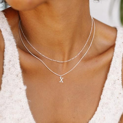 MBW Dainty Silver Layered Initial A-Z Pendant Necklaces for Women Thin | Simple Waterproof 925 Silver Plated Necklace Figaro Choker Monogram Name Jewelry Set Personalized - color: Silver InitIal NK-X