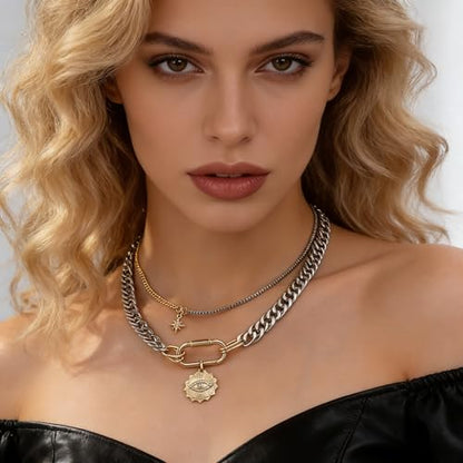 Layered Necklace Set for Women, Mixed Metal Evil Eye Charm Jewelry, Trendy | Mixed Metal Layered Necklace with Evil Eye, Star and Spike Charms for Women Who Love Trendy Boho & Edgy Jewelry - style: 2PCS