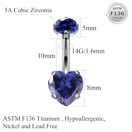 ASTM F136 Titanium Belly Button Rings 14G CZ Heart Belly Navel Rings 10mm Bar Body Piercing Jewelry Navel Ring With 1PCS Curved Piercing Taper - color: Blue CZ