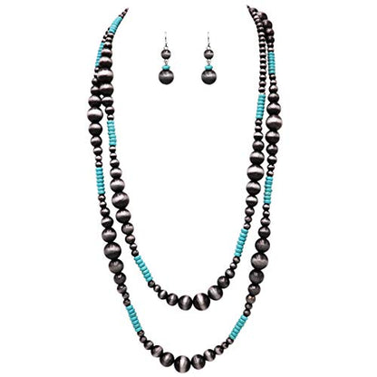 Rosemarie Collections Women's Extra Long Navajo Pearl And Turquoise Howlite Bead Statement Western Endless Strand Necklace Earrings Set, 60" - color: Metallic Silver