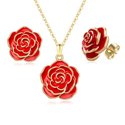 Enamel Rose Necklace and Earrings Jewelry Set for Women | 14K Gold Plated,Rose Represent: Love Gratitude Prid,Adjustable Chain Fit,Elegant Sets for Daily and Party Wear,Gift Box - color: Red